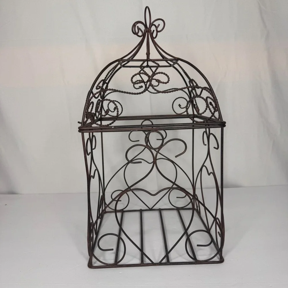 Vintage Cottagecore Bronze Wire Decorative Birdcage Heart Scrollwork Decor 13 in